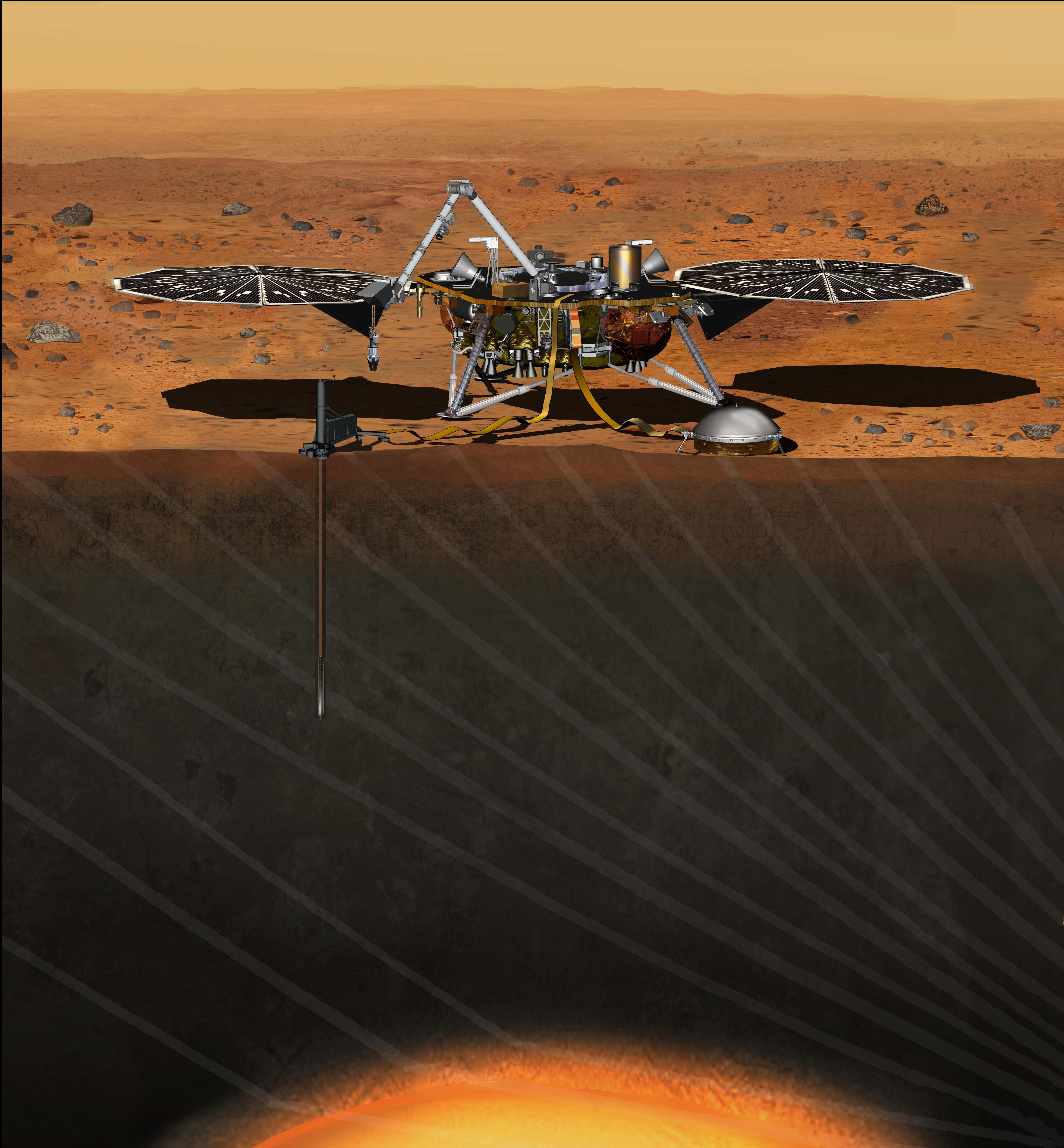 From NASA: "This artist's concept depicts the stationary NASA Mars lander known by the acronym InSight at work studying the interior of Mars." The lander will be powered by ATK's UltraFlex solar arrays. Image Credit: NASA/JPL-Caltech