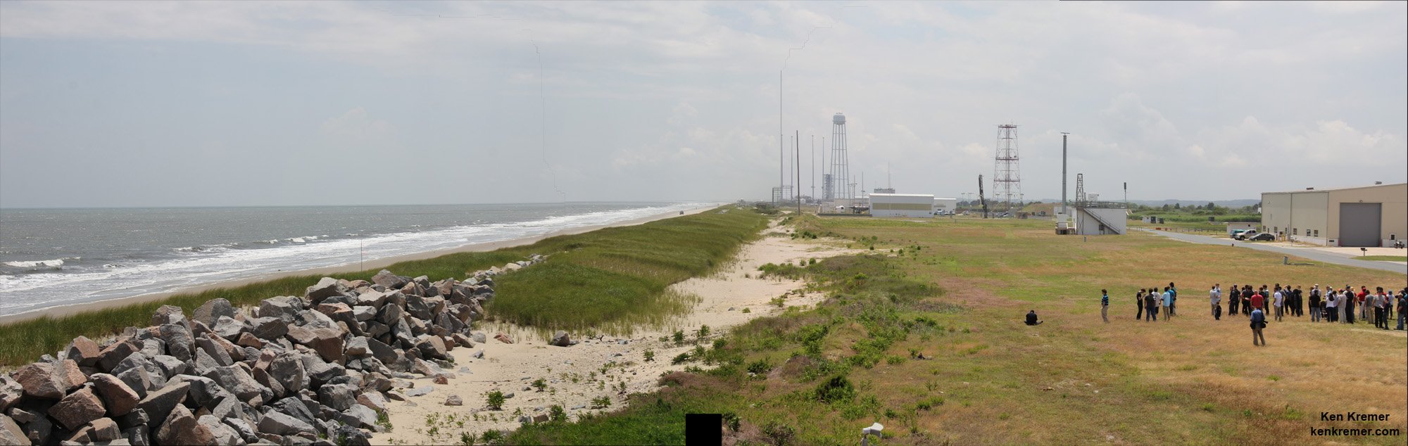 Prelaunch panoramic mosaic view of suborbital Terrier-Improved Orion sounding rocket loaded with student-built RockOn research payloads from NASA’s beachside Wallops Flight Facility along Virginia shoreline. Successful liftoff on June 26, 2014. View of Wallops launch range includes Antares and LADEE launch pads 0A and 0B. Credit: Ken Kremer - kenkremer.com/AmericaSpace