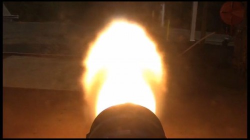 Aerojet Rocketdyne's fully 3D-printed 'Baby Bantam' demonstration liquid rocket engine, during a hot-fire test on April 10. Image Credit: Aerojet Rocketdyne. 