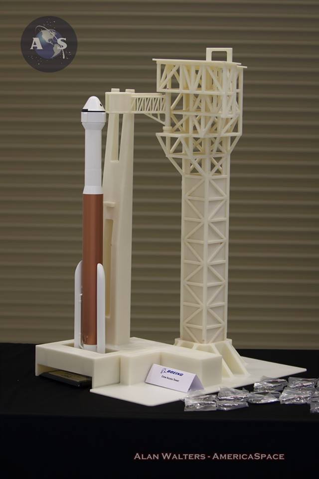 Model of Atlas V pad modified by ULA with new crew access tower and arm. Credit: Alan Walters/AmericaSpace