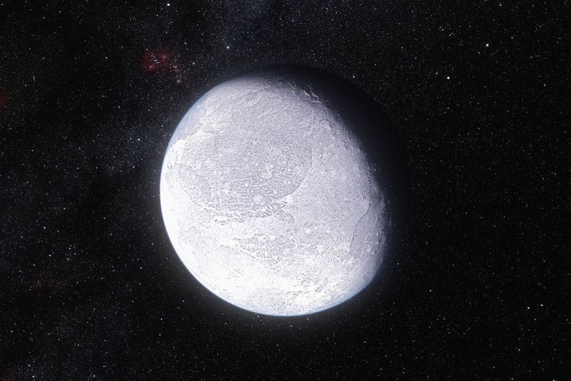 An artist's impression of Eris, the most massive dwarf planet known to date, with an aphelion of 97 AU from the Sun. Could bigger 'Super-Earth'-type planets be orbiting even further out? Image Credit: ESO/L. Calçada and Nick Risinger