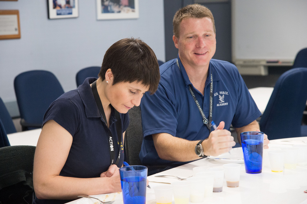 Samantha Cristoforetti and Terry Virts participate in a food tasting session in the Habilitability and Environmental Factors Office at the Johnson Space Center (JSC) in Houston, Texas. Photo Credit: NASA