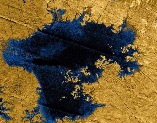 Radar image of Ligeia Mare, one of the large methane seas on Titan. Riverbeds drain into the sea, just like on Earth. Image Credit: NASA/JPL-Caltech
