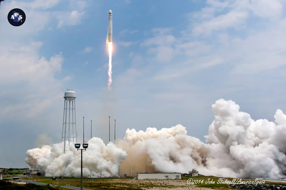 The Orbital Sciences Antares rocket thundering away from MARS Pad 0A at Wallops Flight Facility in VA to begin a 17,500 mph chase to catch the International Space Station Sunday, July 13, 2014. Photo Credit: John Studwell / AmericaSpace