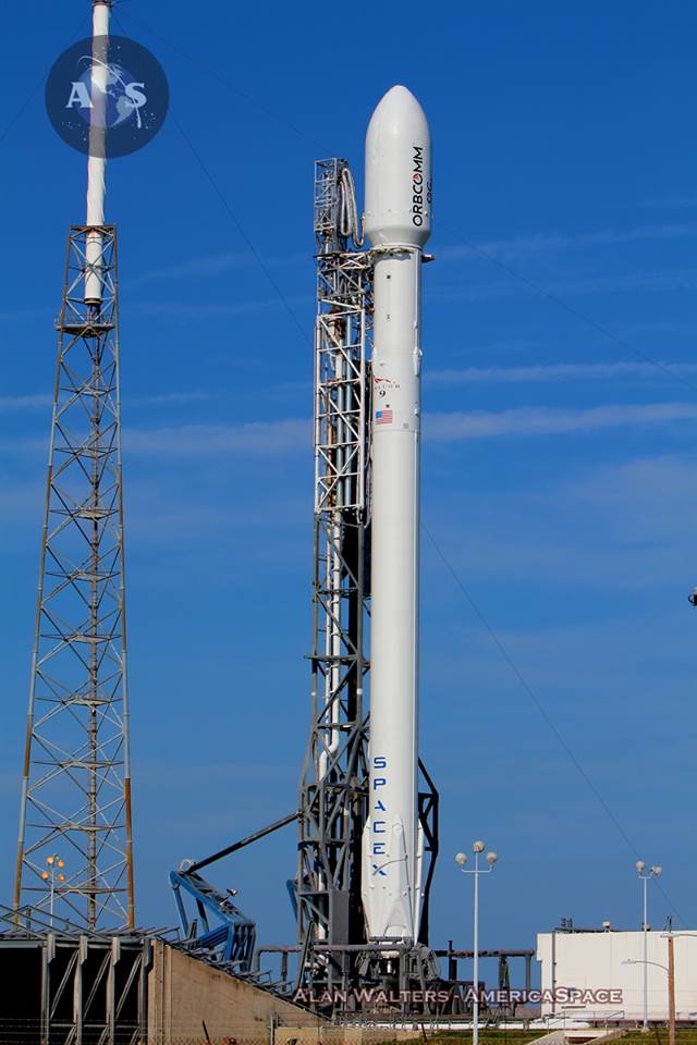 The SpaceX Falcon-9 v1.1 rocket tasked with delivering OG2 to orbit for customer Orbcomm. Photo Credit: Alan Walters / AmericaSpace