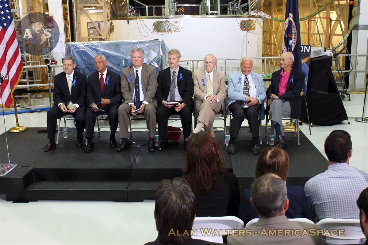 Luminaries at today's ceremony included KSC Director Bob Cabana, NASA Administrator Charlie Bolden, Rick Armstrong, Mark Armstrong, James Lovell, Buzz Aldrin, and Michael Collins. Photo Credit: Alan Walters/AmericaSpace
