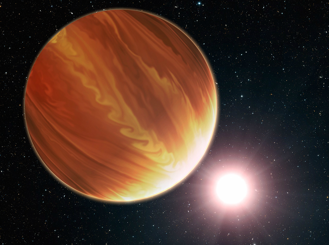 This is an artistic illustration of the gas giant planet HD 209458b in the constellation Pegasus. The planet was recently studied by astronomers alongside two other similar extrasolar worlds, for their abundance in water. To the surprise of astronomers, they have found much less water vapor in the planets' atmospheres than standard planet-formation models predict. Image Credit: NASA, ESA, G. Bacon (STScI) and N. Madhusudhan (UC)