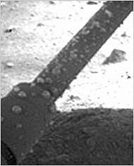 Close-up view of what were thought to be water droplets on one of the landing legs of Phoenix, shortly after landing. Photo Credit: NASA/JPL-Caltech