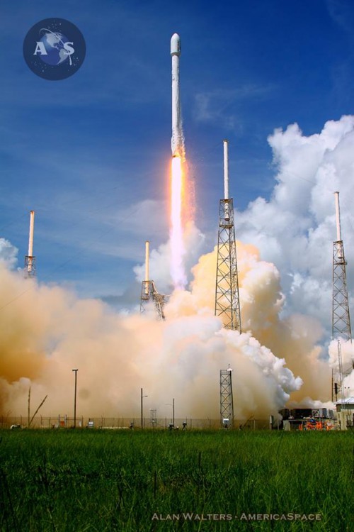 The SpaceX Falcon-9 v1.1 rocket launching the first wave of a new fleet of ORBCOMM telecommunications satellites on Mon., July 14, 2014. Commercial missions such as this will launch from the new Texas launch site starting in 2016. Photo Credit: Alan Walters / AmericaSpace