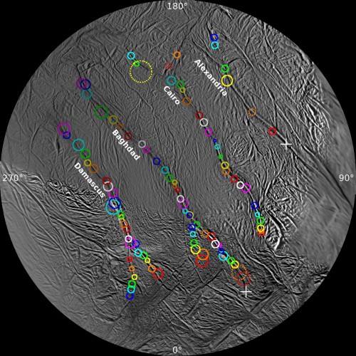 Map showing the locations of all known 101 geysers at the south pole of Enceladus. NASA/JPL-Caltech/SSI