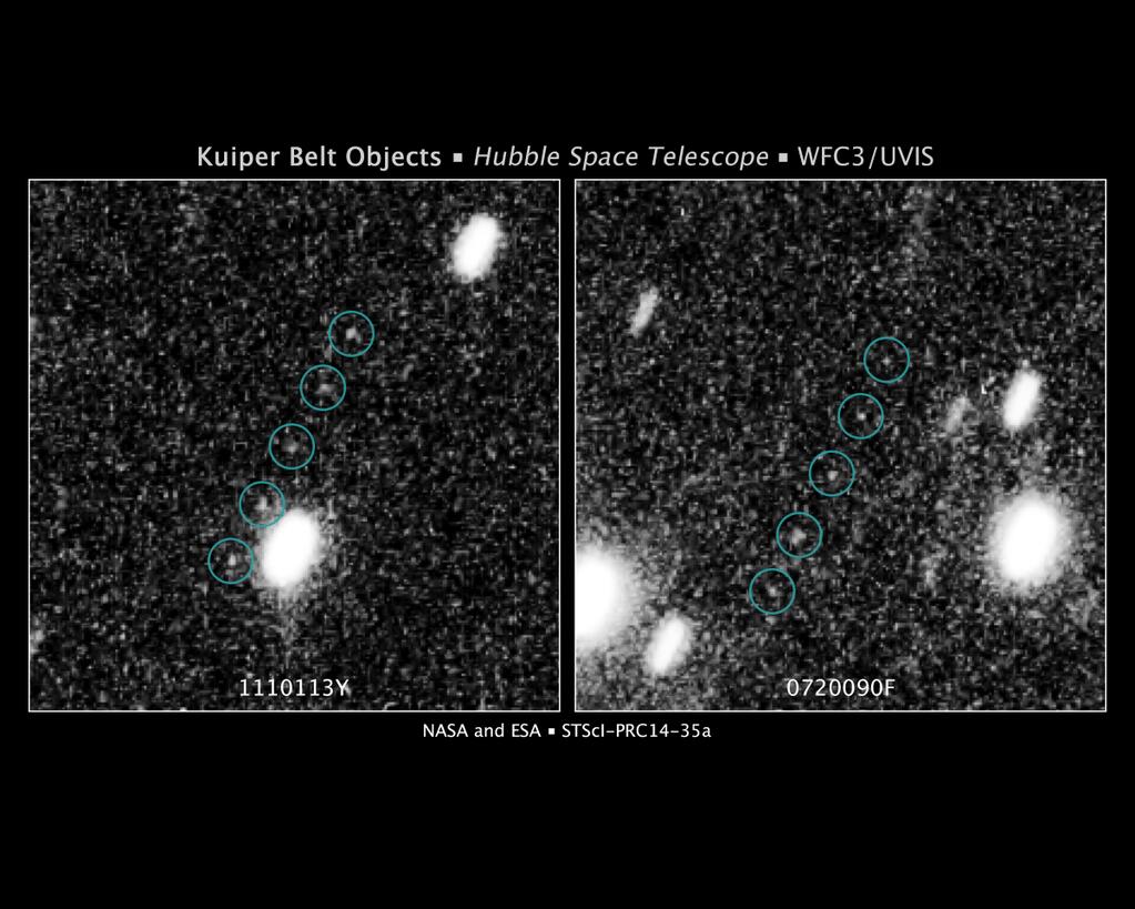 Discovery images of the two Kuiper Belt Objects named 1110113Y and 0720090F respectively, taken with NASA's Hubble Space Telescope. The image at left shows the first KBO at an estimated distance of approximately 4 billion miles from Earth. Its position noticeably shifts between exposures taken approximately 10 minutes apart. The image at right shows the second KBO at roughly a similar distance. Image Credit/Caption: NASA, ESA, SwRI, JHU/APL, and the New Horizons KBO Search Team.