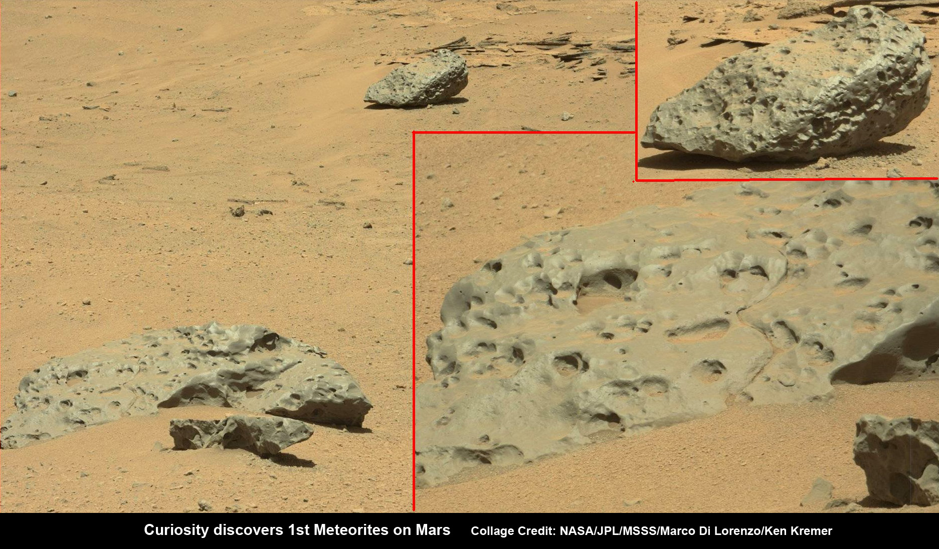 Collage of Mastcam camera images shows the 1st meteorites discovered on Mars by the Curiosity rover and captured on Sol 641, May 26, 2014. Collage Credit: NASA/JPL-Caltech/MSSS/Marco Di Lorenzo/Ken Kremer
