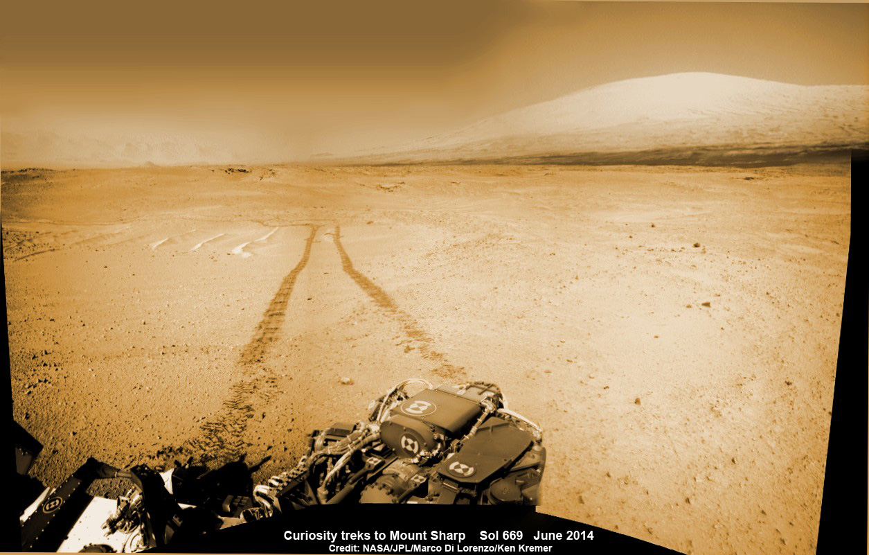1 Martian Year on Mars!  Curiosity treks to Mount Sharp in this photo mosaic view captured on Sol 669, June 24, 2014 -  the day the rover celebrated 1 Martian year since touchdown on the Red Planet. Navcam camera raw images stitched and colorized. Credit: NASA/JPL-Caltech/Marco Di Lorenzo/Ken Kremer – kenkremer.com