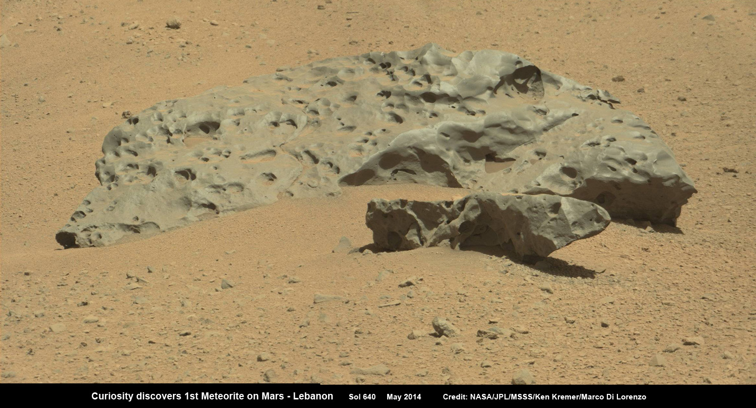 NASA’s Curiosity rover found this iron meteorite called "Lebanon” while driving across Mars.  This Mastcam camera photo mosaic view was assembled from raw images taken on Sol 640, May 25, 2014.  Credit: NASA/JPL-Caltech/MSSS/Ken Kremer-kenkremer.com/Marco Di Lorenzo  