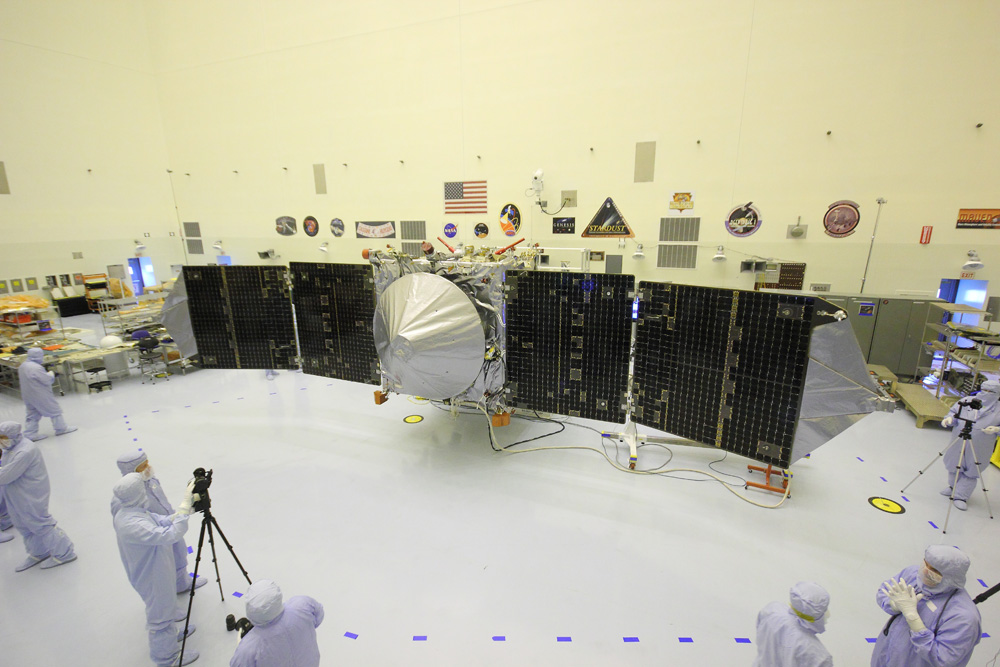 NASA’s MAVEN Mars orbiter  inside the clean room at the Kennedy Space Center on Sept. 27, 2013. MAVEN launched to Mars on Nov. 18, 2013 from Florida. Credit: Ken Kremer/kenkremer.com