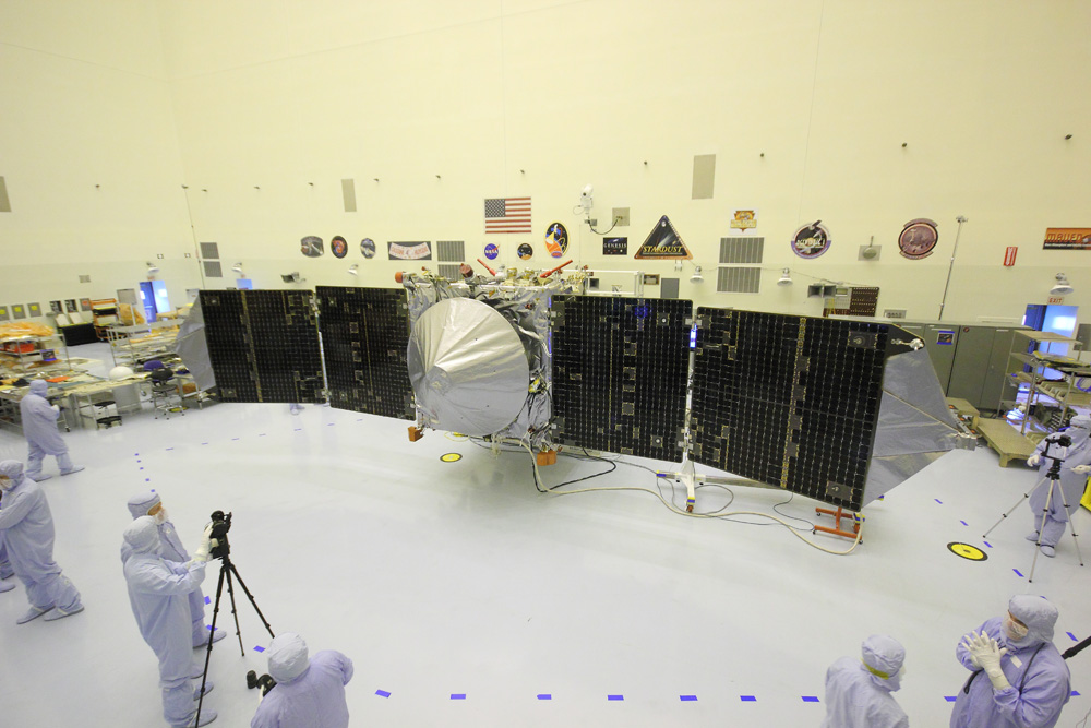 MAVEN is NASA’s next Mars orbiter and blasted off on Nov. 18 from Cape Canaveral, Florida. It will study the evolution of the Red Planet’s atmosphere and climate after orbital arrival on Sept. 21, 2014.  With solar panels unfurled, this view from a photoshoot inside the clean room at the Kennedy Space Center is exactly how MAVEN looks when flying through space and circling Mars.  Credit: Ken Kremer/kenkremer.com