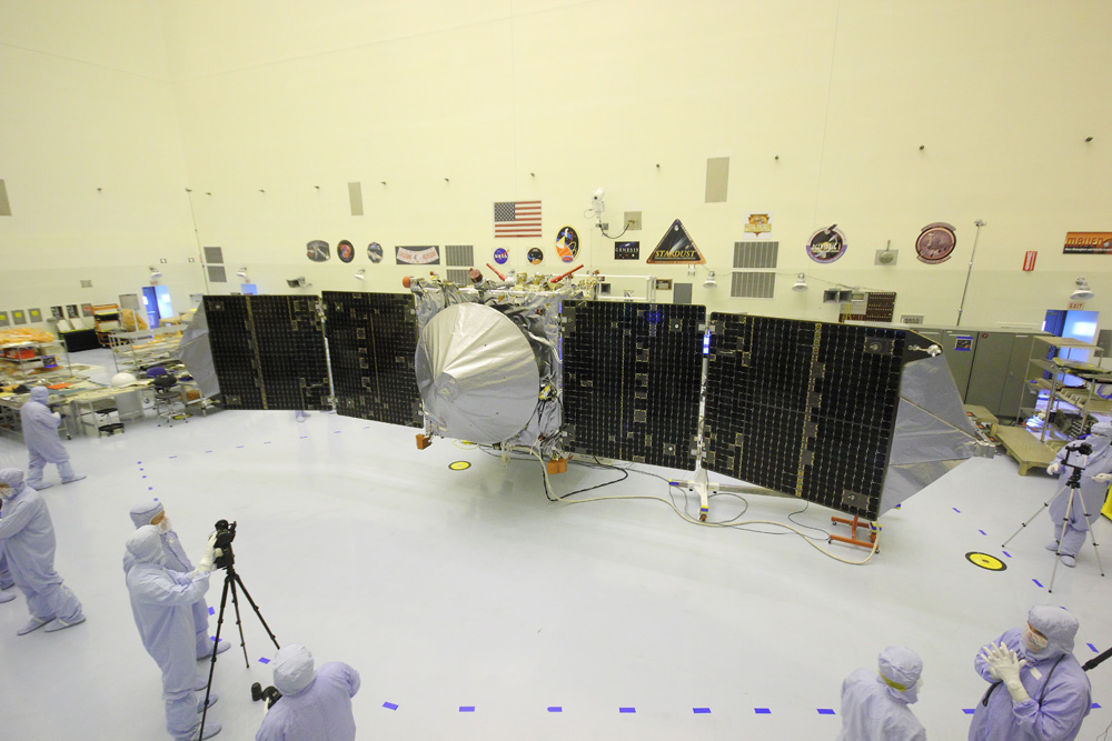 MAVEN is NASA’s next Mars orbiter and blasted off on Nov. 18 from Cape Canaveral, Florida. It will study the evolution of the Red Planet’s atmosphere and climate after orbital arrival on Sept. 21, 2014. With solar panels unfurled, this view from a photoshoot inside the clean room at the Kennedy Space Center is exactly how MAVEN looks when flying through space and circling Mars. Credit: Ken Kremer/kenkremer.com