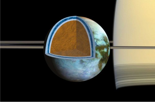 Illustration of what Titan's interior is thought to look like, with a rigid ice shell above the salty water ocean below. Image Credit: NASA/JPL-Caltech