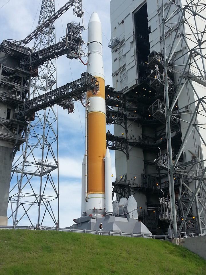 The Mobile Service Tower (MST) is rolled back to expose the Delta IV Medium+ (4,2) vehicle. Photo Credit: Alan Walters/AmericaSpace