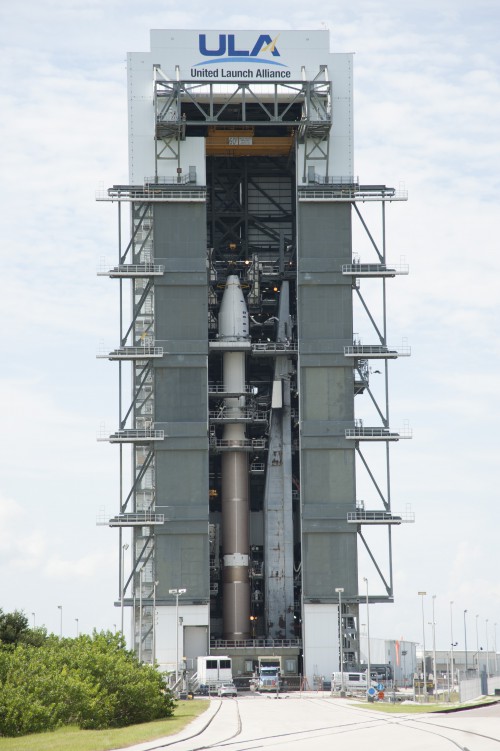 The Atlas V 401 vehicle undergoes final processing in the Vertical Integration Facility (VIF), near Space Launch Complex (SLC)-41. Photo Credit: ULA