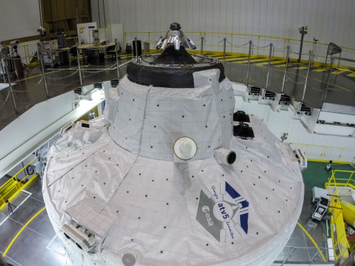 The docking mechanism of the ATV-5 spacecraft is clearly visible in this image, acquired shortly before encapsulation in the payload shroud. Photo Credit: ESA