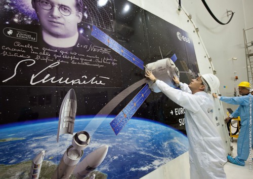 Pictorial homage to Georges Lemaitre on the ATV-5 shipping container. Photo Credit: ESA