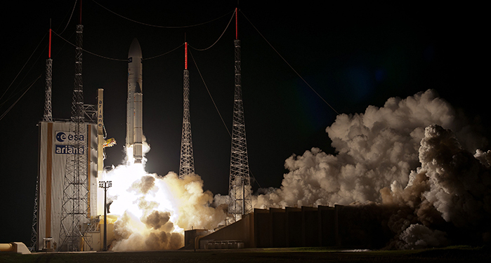 The Ariane 5 turns night into day with a dazzling liftoff at 8:47:46 p.m. GFT (7:47:46 p.m. EDT) on Tuesday, 29 July. Photo Credit: Arianespace