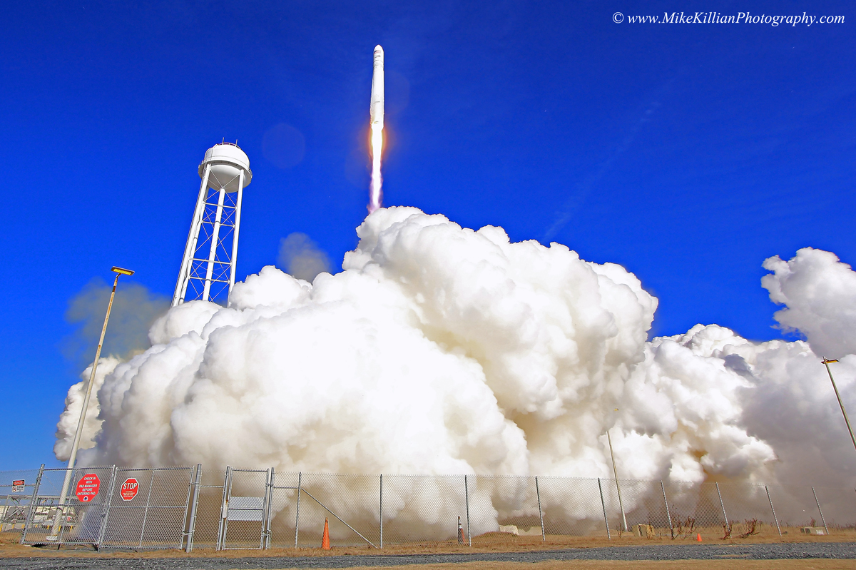 Orbital Sciences ISS Resupply Flight ORB-1 taking off on Jan. 9, 2014. The mission has now become the final with which the Antares rocket will have employed the Russian-made AJ26 engine which likely failed and caused the loss of the Orb-3 mission in Oct. 2014. Photo Credit: AmericaSpace / Mike Killian