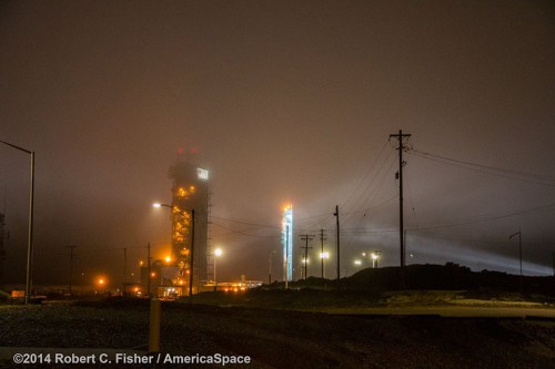 Conditions at Vandenberg Air Force Base were foggy, with the Delta II almost wholly obscured from view. Photo Credit: Robert C. Fisher/AmericaSpace