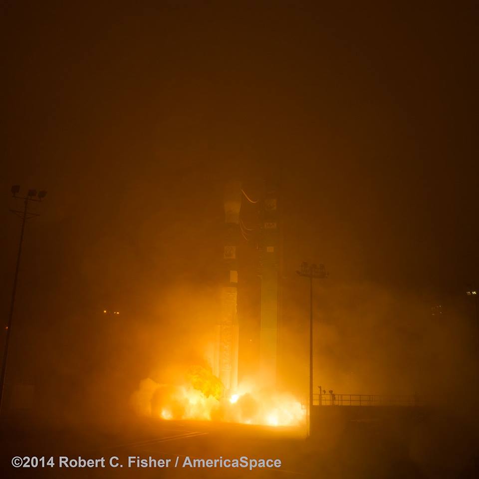 With the glow of its RS-27A first-stage engine and trio of Solid Rocket Motors (SRMs) piercing the gloom and murk, the first Delta II in almost three years takes flight from a foggy Vandenberg Air Force Base, Calif. Photo Credit: Robert C. Fisher/AmericaSpace