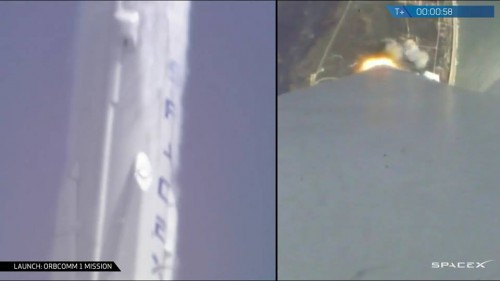 Unusual perspectives of the Falcon 9 v1.1 during first-stage flight, including (left) a fine view of the deployable landing legs. Photo Credit: SpaceX, with thanks to Mike Killian