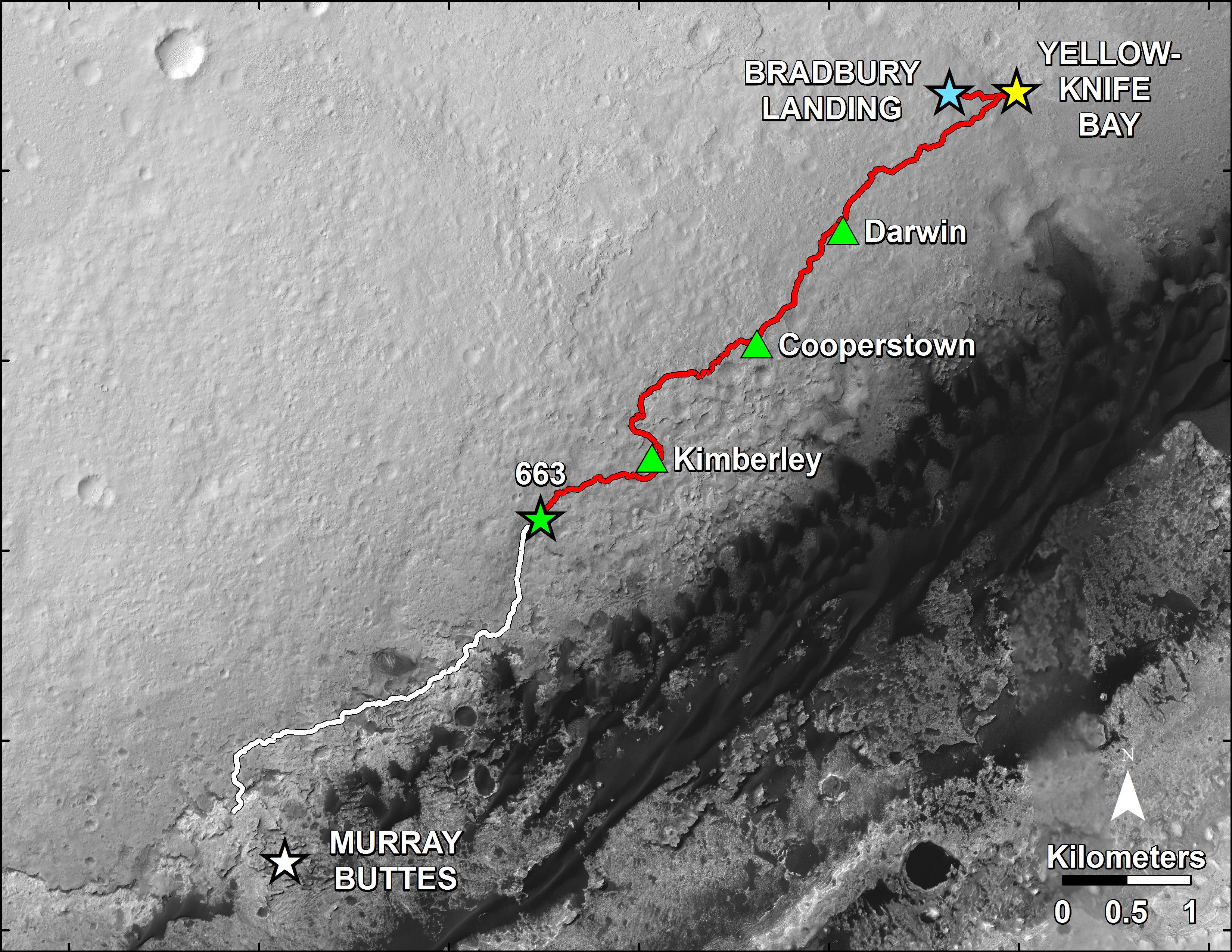 This map shows in red the route driven by NASA's Curiosity Mars rover from the "Bradbury Landing" location where it landed in August 2012 (blue star at upper right) to complete its first Martian year on Sol 669. The white line shows the planned route ahead.  Image Credit: NASA/JPL