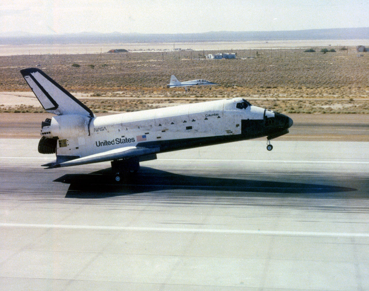 Columbia touches down at Edwards Air Force Base, Calif., on 4 July 1982, concluding the shuttle's fourth and final Orbital Flight Test. Photo Credit: NASA