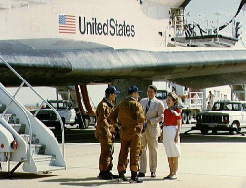 STS-4 crewmen Hartsfield and Mattingly are greeted at Edwards Air Force Base, Calif., by President Ronald Reagan and First Lady Nancy Reagan on Independence Day, 4 July, 1982. Photo Credit: NASA