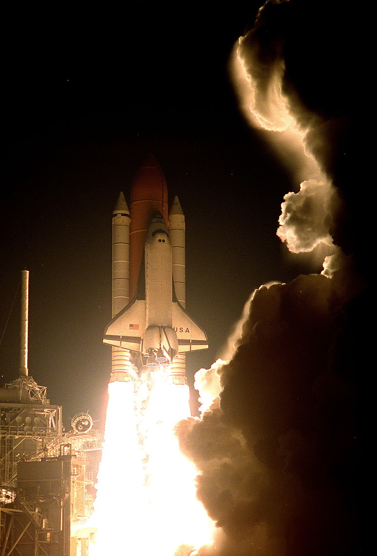 Columbia roars into the darkened Florida sky at 12:31 a.m. EDT on 23 July 1999. It would be one of the most hazardous launch phases in shuttle history. Photo Credit: NASA 