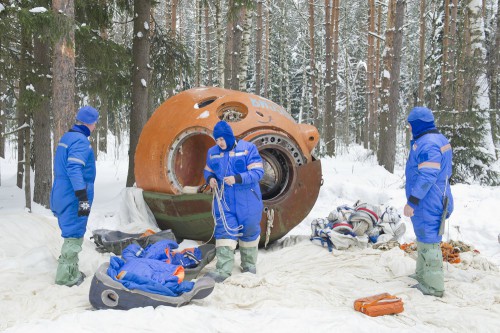 The Soyuz TMA-14M crew, from left, Aleksandr Samokutyayev, Yelena Serova and Barry Wilmore participate in winter survival training. Photo Credit: NASA 