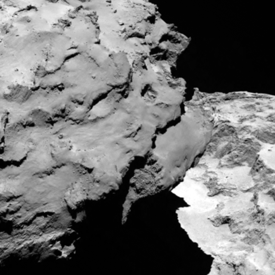 From the European Space Agency's (ESA) Facebook page: "Taken by Rosetta and downloaded today, 6 August. The image shows the comet’s ‘head’ at the left of the frame, which is casting shadow onto the ‘neck’ and ‘body’ to the right. Taken from a distance of 120 km with a resolution is 2.2 m per pixel." Image Credit: ESA/Rosetta/MPS for OSIRIS Team MPS/UPD/LAM/IAA/SSO/INTA/UPM/DASP/IDA. 