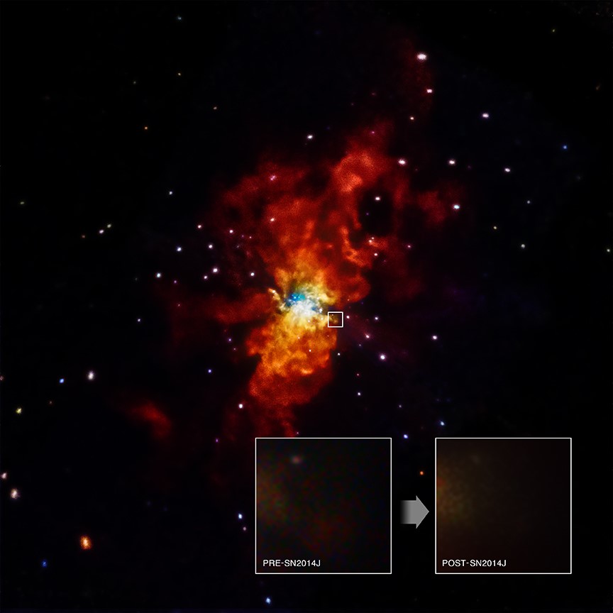 The supernova SN 2014J, as imaged by NASA's Chandra X-ray Observatory. This image contains Chandra data, where low, medium, and high-energy X-rays are red, green, and blue respectively. The boxes in the bottom of the image, show close-up views of the region around the supernova in data taken prior to the explosion (left), as well as data gathered on February 3, 2014, after the supernova went off (right). The non-detection of X-rays by Chandra, is an important clue for astronomers looking for the exact mechanism of how this star exploded. Image Credit: NASA/CXC/SAO/R.Margutti et al.