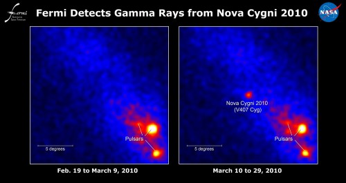 Discovery images of nova V407 Cygni, taken with Fermi's Large Area Telescope in March 2010. LAT saw no sign of a nova in 19 days of data prior to March 10 (left), but the eruption is obvious in data from the following 19 days (right). The images show the rate of gamma rays with energies greater than 100 million electron volts (100 MeV); brighter colors indicate higher rates. Image Credit: NASA/DOE/Fermi LAT Collaboration