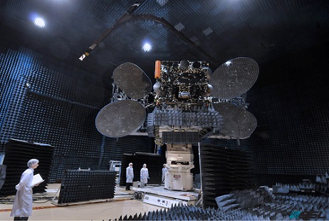 The AsiaSat-8 payload undergoes Compact Antenna Test Range (CATR) testing earlier this year. Photo Credit: AsiaSat