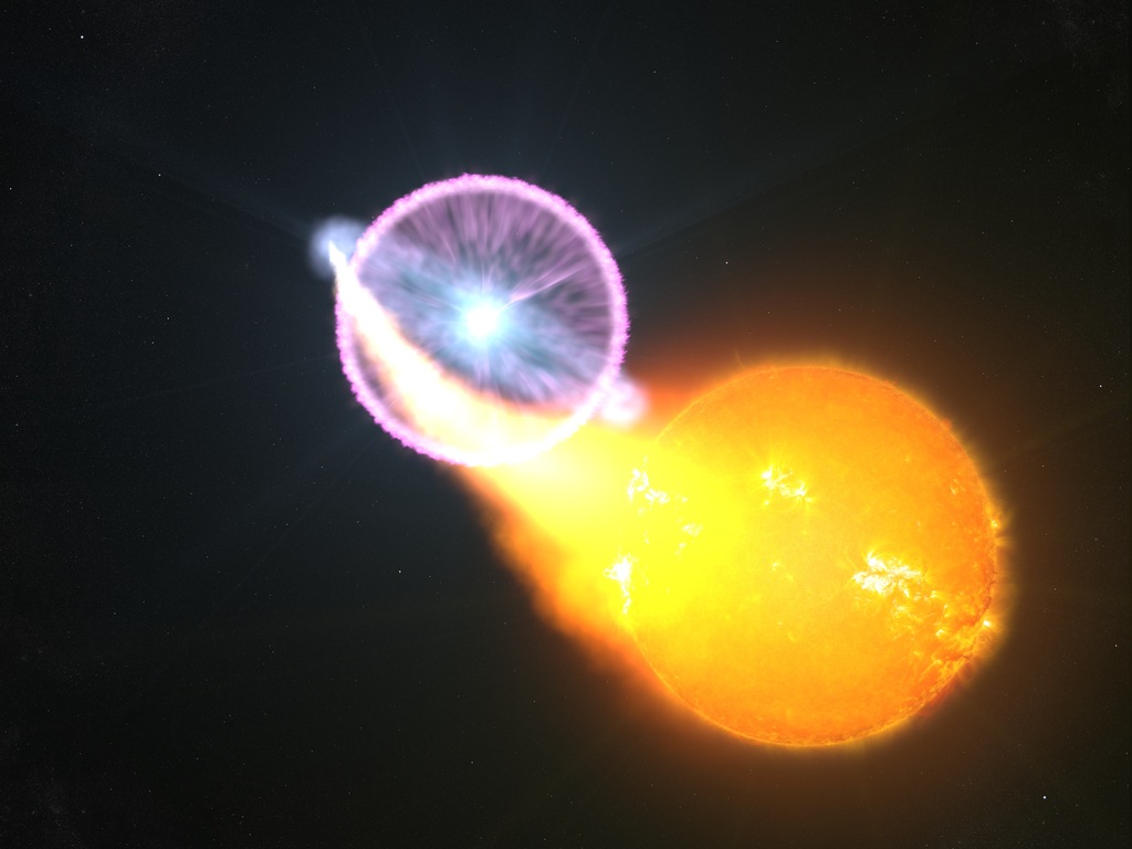 Novae typically originate in binary systems containing Sun-like stars, as shown in this artist's rendering. A nova in a system like this likely produces gamma rays (magenta) through collisions among multiple shock waves in the rapidly expanding shell of debris. Image Credit: NASA's Goddard Space Flight Center/S. Wiessinger