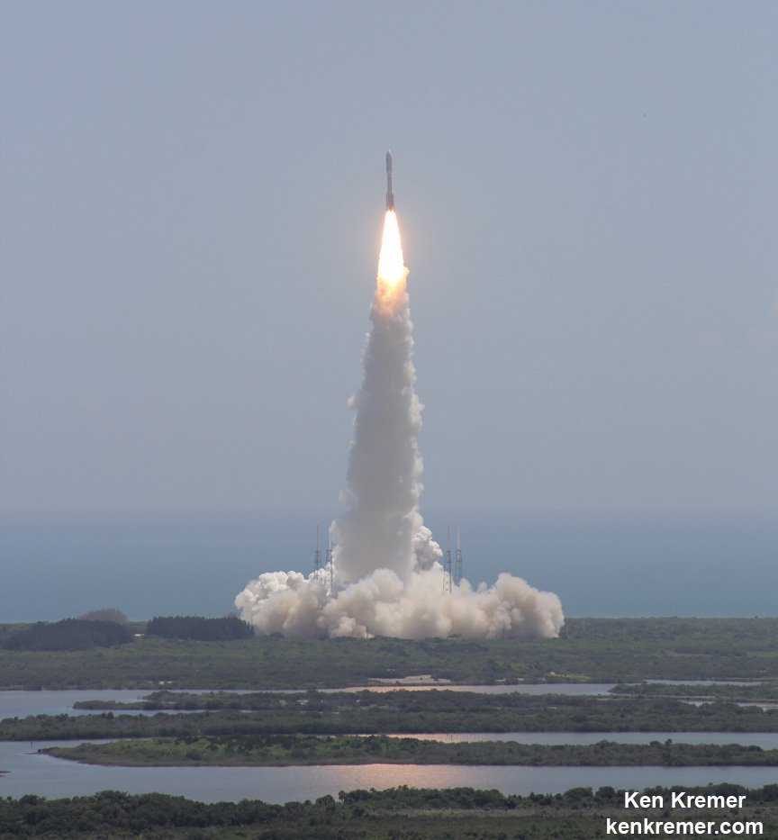 Juno soars skyward to Jupiter on Aug. 5, 2011 from launch pad 41 at Cape Canaveral Air Force Station at 12:25 p.m. EDT. View from the VAB roof. Credit: Ken Kremer - kenkremer.com