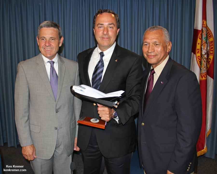 Dream Chaser media briefing from 2011 at the Kennedy Space Center press site with Mark Sirangelo, vice president of Sierra Nevada Corporation (center), Robert Cabana, Director of Kennedy Space Center (left), and Charles Bolden, NASA Administrator (right). Credit: Ken Kremer / www.KenKremer.com