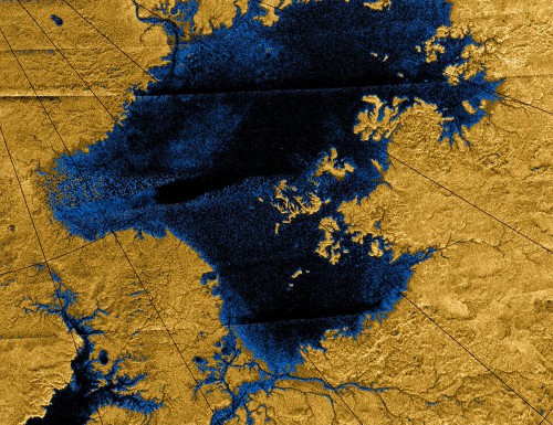 Ligeia Mare, one of the largest methane/ethane lakes on Titan as seen by the Cassini spacecraft. Image Credit: NASA/JPL/USGS