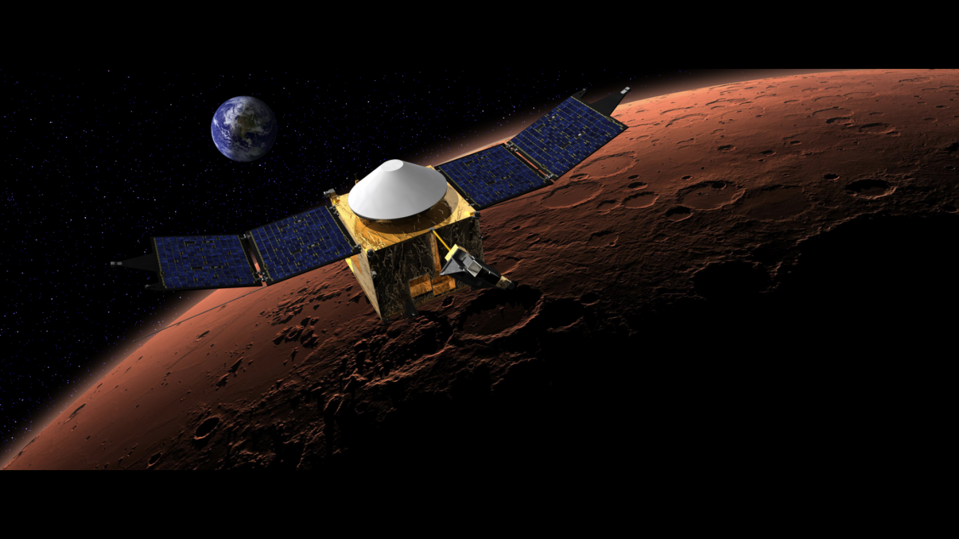An artist's rendition of MAVEN at Mars. Image Credit: NASA / GSFC