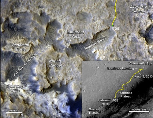 Traverse map showing Curiosity's recent location as of sol 705. The rover has now just entered Hidden Valley, the first of several connecting valleys in this region. Image Credit: NASA/JPL-Caltech