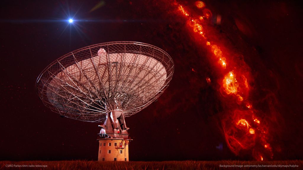 Artist’s impression of a fast radio burst appearing in the sky above the 64-m Parkes Radio Telescope in Australia. A handful of these elusive cosmic radio flashes whose exact origin remains unknown, have been detected during the last decade. Image Credit: CSIRO/Harvard/Swinburne Astronomy Productions