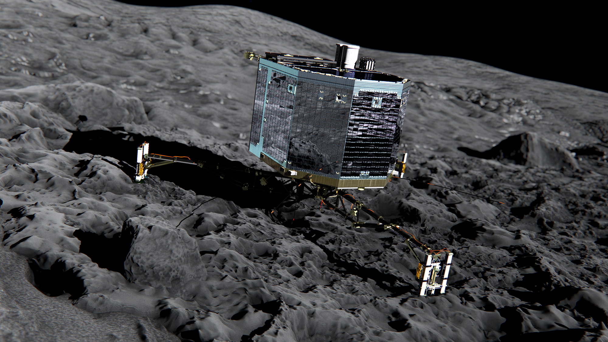 From the European Space Agency (ESA): "Artist’s impression of Rosetta’s lander Philae (front view) on the surface of comet 67P/Churyumov-Gerasimenko. Philae will be deployed to the comet in November 2014 where it will make in situ observations of the comet surface, including drilling 23cm into the subsurface to extract material for analysis in its on board laboratory." Image Credit:  ESA/ATG medialab