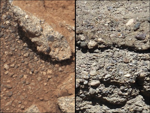 Photo of streambed gravel found by Curiosity on Mars (left) compared with streambed gravel on Earth. Image Credit: NASA/JPL-Caltech