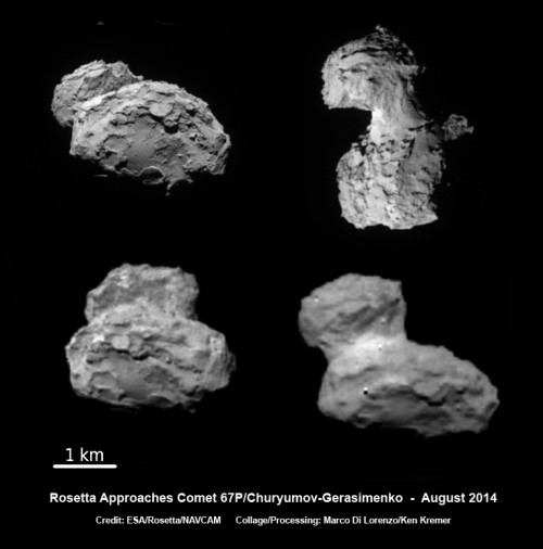 ESA’s Rosetta spacecraft on final approach to Comet 67P/Churyumov-Gerasimenko in early August 2014. This collage of navcam imagery from Rosetta was taken on Aug. 1, 2, 3 and 4 from distances of 1026 km, 500 km, 300 km and 234 km. Not to scale. Image Credit: ESA/Rosetta/NAVCAM - Collage/Processing: Marco Di Lorenzo/Ken Kremer (kenkremer.com). 